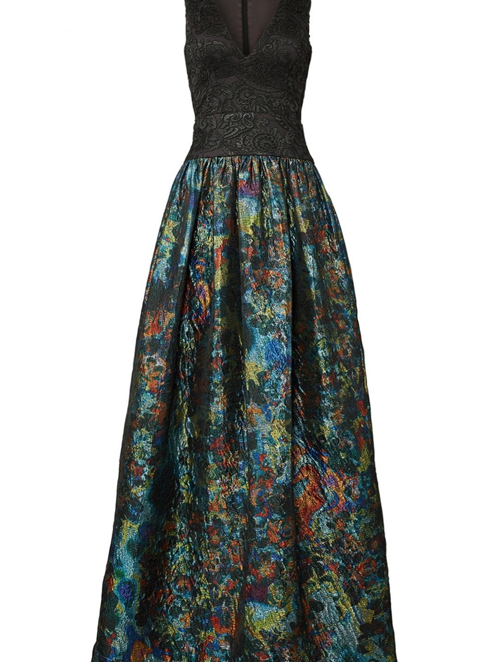 Elegant Black Lace and Multicolor Metallic Jacquard Evening Dress Gown Prom